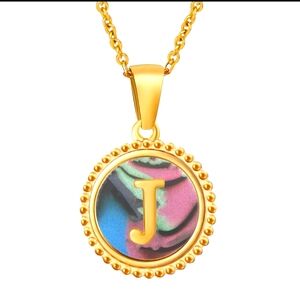 Dainty 18K GP Initial Letter Charm, J, Textured Circle Midnight Rose Pendant